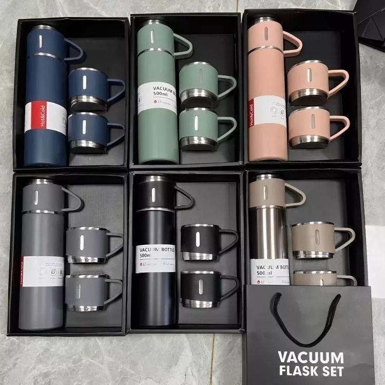 Caneca Kit Garrafa Termica Vacuum Bottle Inox 500ml + 3 Xicaras